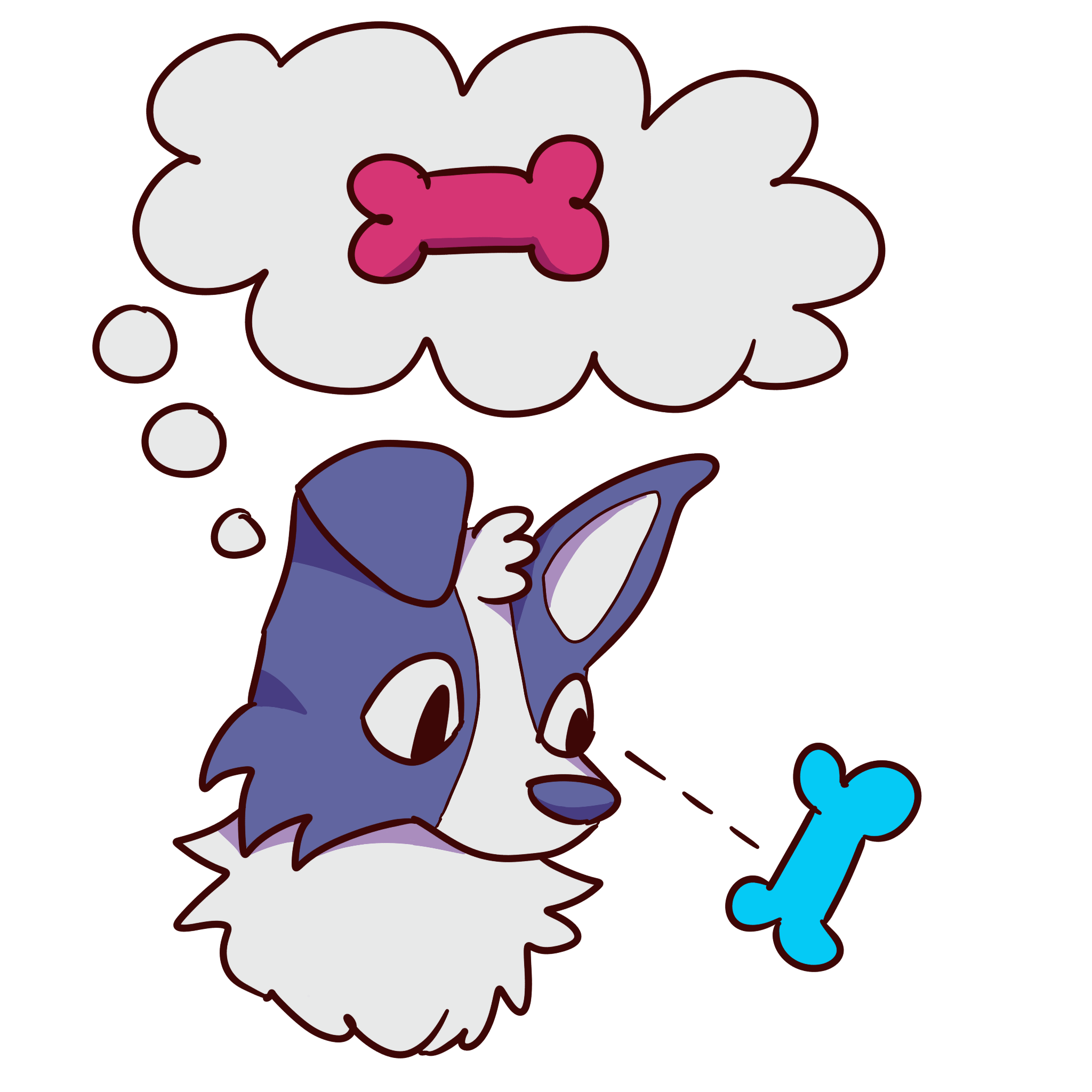 a blue dog looking at a cyan bone. above it is a thought bubble with a magenta bone inside it